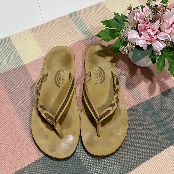 🌈 Rainbow Sandals Flirty Braid Narrow Strap Women’s Large Tan - Picture 2 of 8